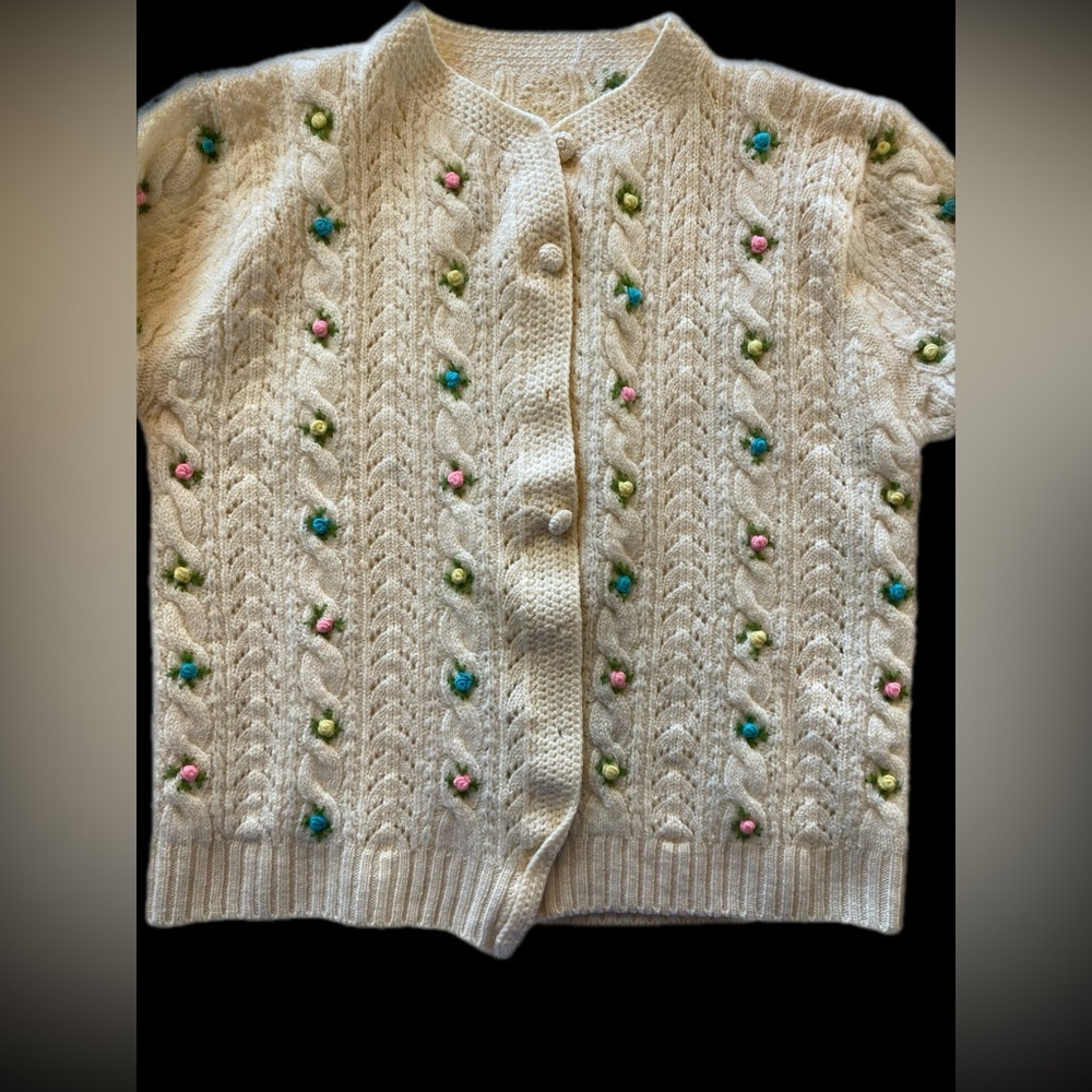 Cream Knit Cardigan with Colorful rose accents - Picture 3 of 7